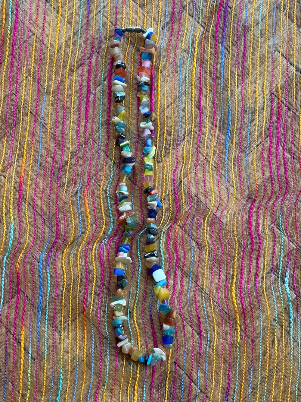 Vintage Boho Multicolor Chip Bead Necklace | Mixed Stone, Shell & Glass